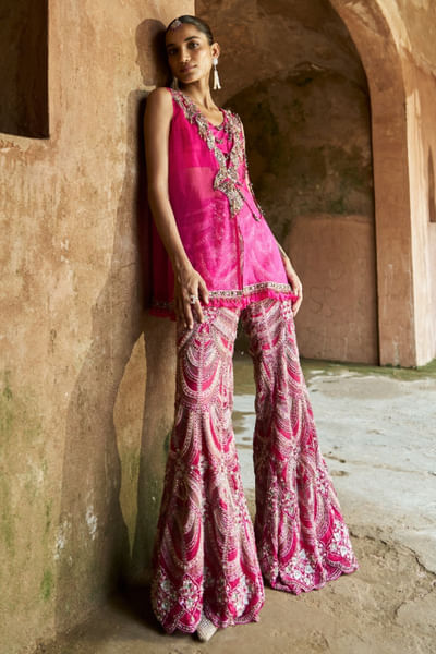 Fuchsia hand embroidered jacket and pant set