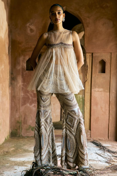 Grey embroidered sheer top and pant set