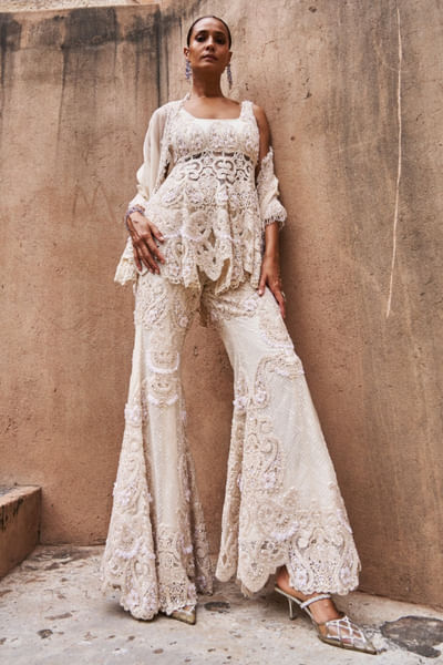 Ivory hand embroidered peplum pant set