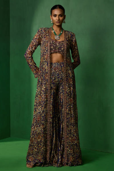 Blue embroidered jacket sharara set