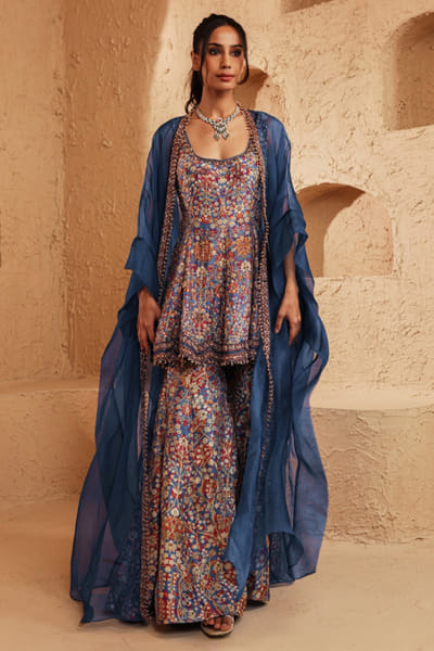 Blue embroidered peplum cape set