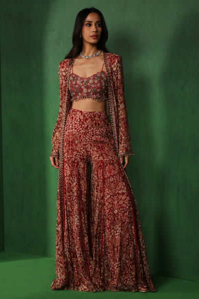 Red embroidered jacket sharara set