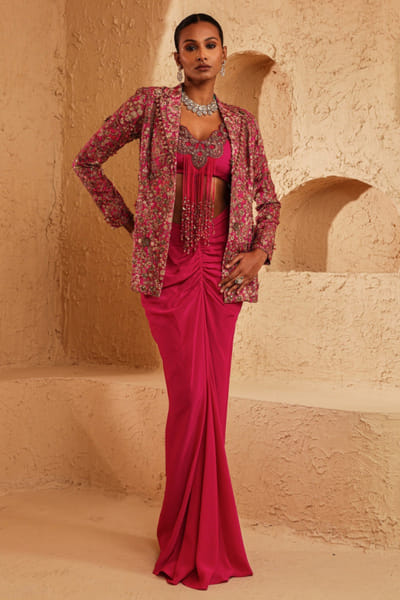 Pink embellished blazer draped skirt set