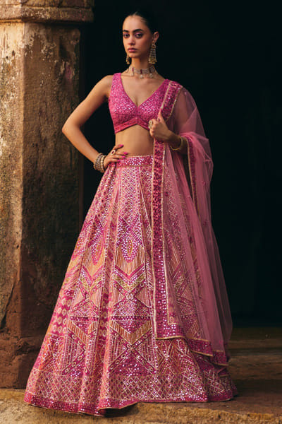 Rose pink mirror-zari embroidered lehenga set