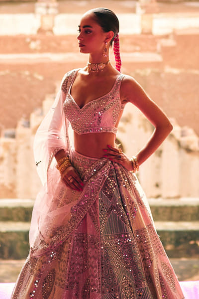 Multicolour mirror and patchwork lehenga set