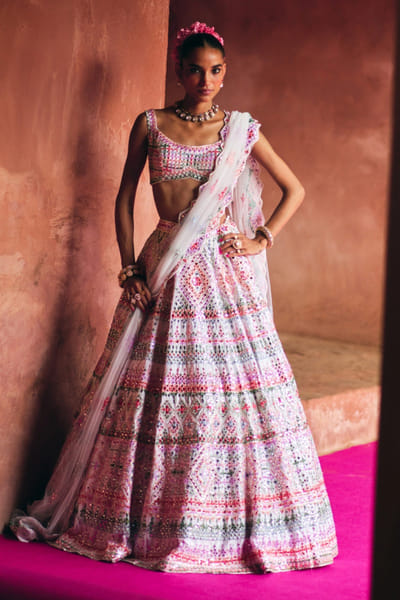 White chevron thread and mirror lehenga set