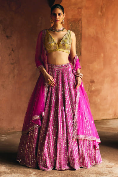 Rani pink mirror-zari embroidered lehenga set