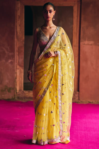 Yellow mirror-gota embroidered sari set