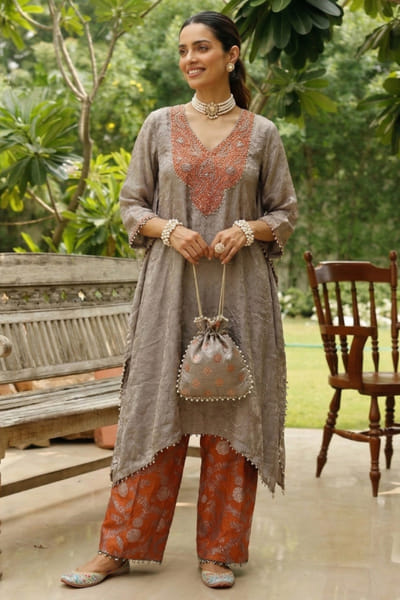 Ronak's Couture Grey and orange zardozi embroidered kaftan set RONAMAY26D145501