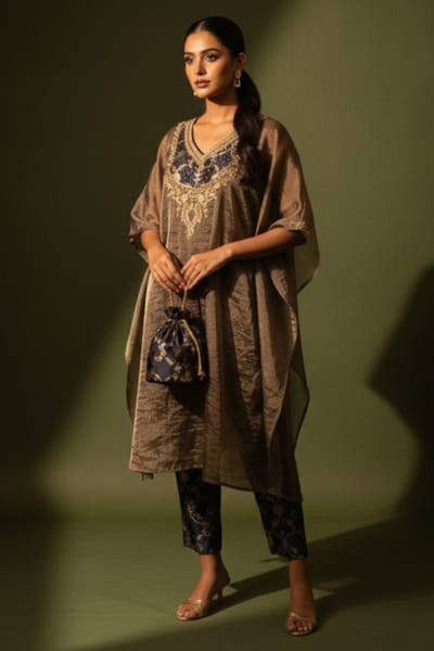 Ronak's Couture Brown zardozi embroidered kaftan set RONAMAY26D145505