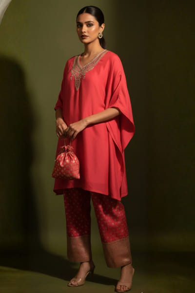 Ronak's Couture Red zardozi embroidered kaftan set RONAMAY26D145506