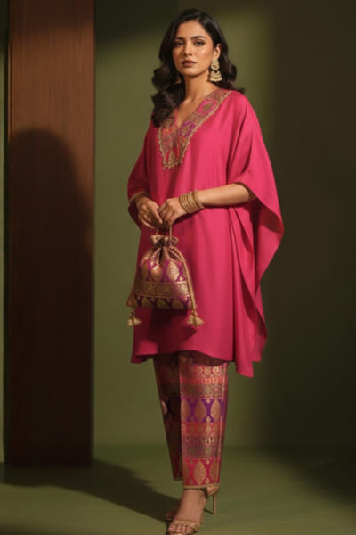 Ronak's Couture Pink zardozi embroidered kaftan set RONAMAY26D145507