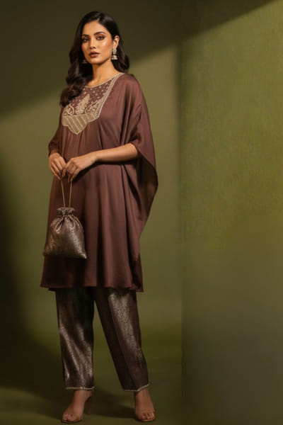 Ronak's Couture Brown zardozi embroidered kaftan set RONAMAY26D145508