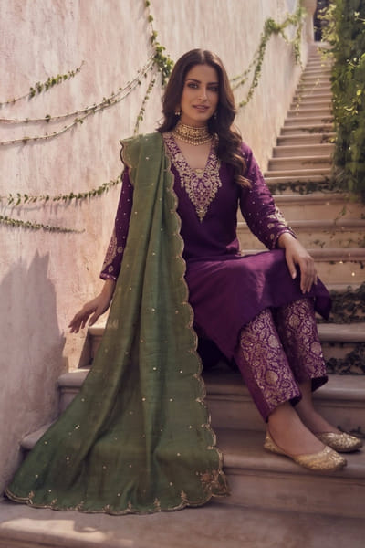 Ronak's Couture Violet and green applique brocade kurta set RONAMAY26D145490