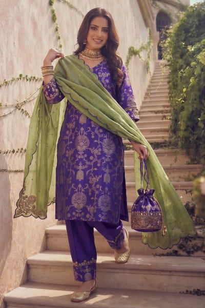 Ronak's Couture Blue and green zari embroidered kurta set RONAMAY26D145491