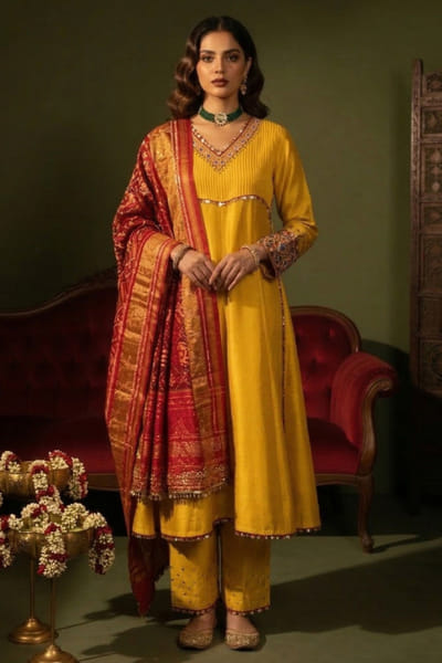 Ronak's Couture Yellow and red zardozi embroidered anarkali set RONAMAY26D145494