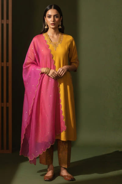 Ronak's Couture Yellow and pink zardozi embroidered kurta set RONAMAY26D145496