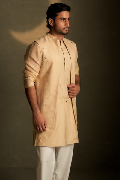 Golden beige embroidered open jacket