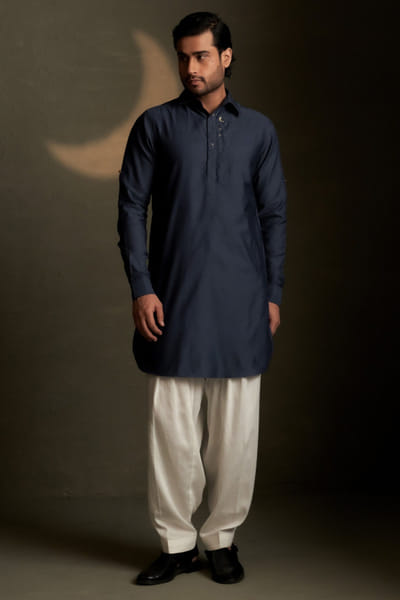 Blue dusk embroidered pathani kurta set