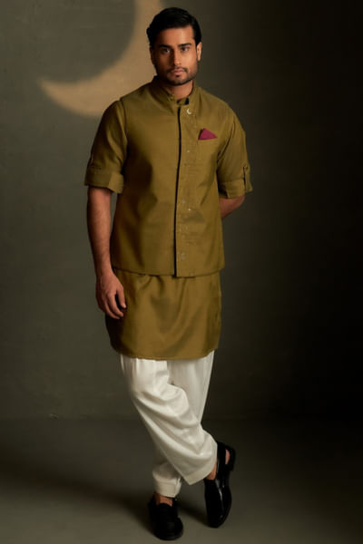 Olive dusk embroidered bundi kurta set