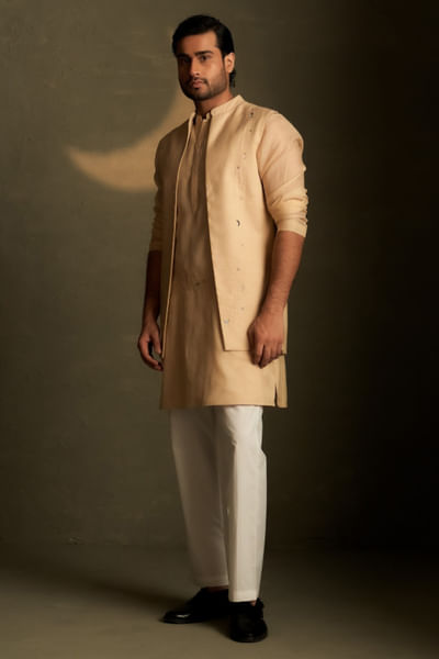 Golden beige embroidered long jacket set