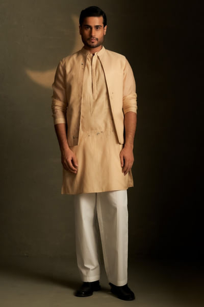 Golden beige embroidered jacket kurta set