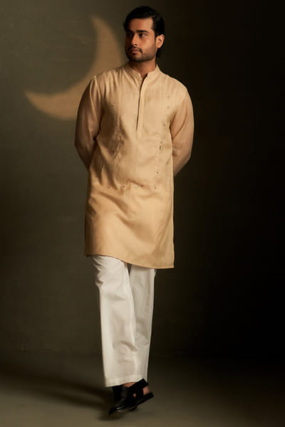 Golden beige motif embroidered kurta set