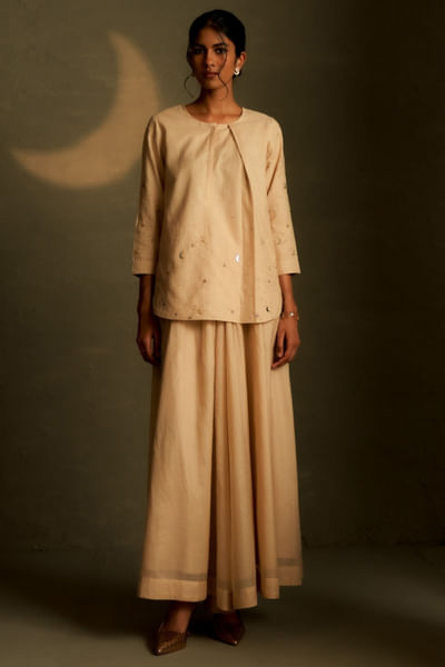 Golden beige embroidered kurta skirt set
