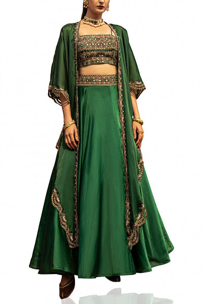 Emerald green embroidered lehenga and cape