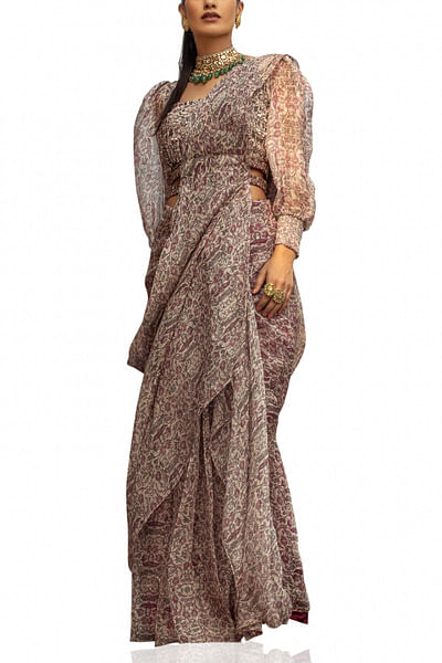 Printed pre-draped sari set
