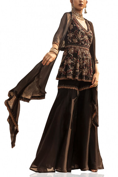 Black embroidered peplum and sharara set