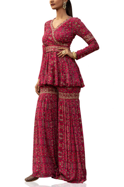 Fuchsia printed angrakha and sharara set