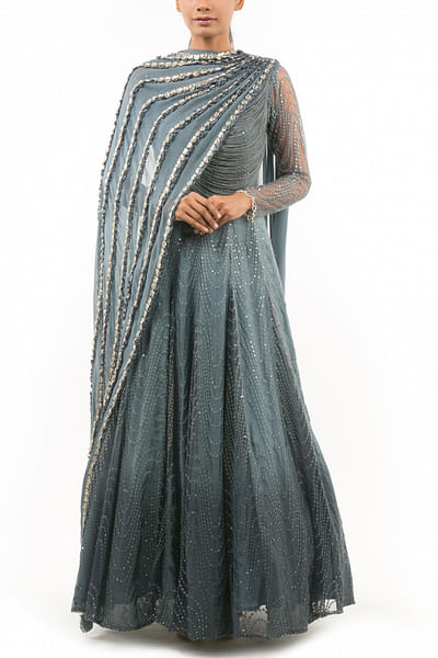 Stone blue anarkali with attached dupatta