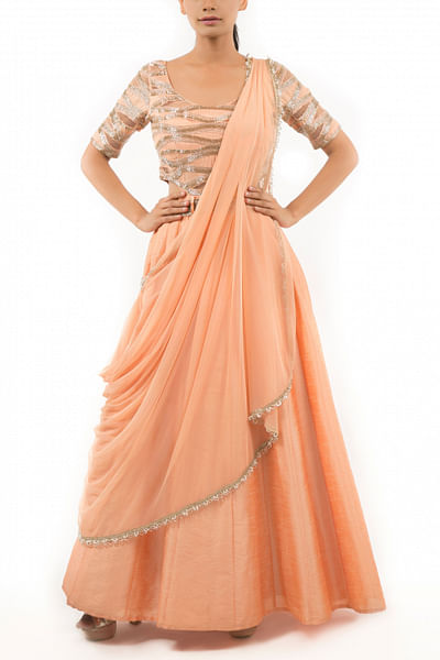 Coral embroidered anarkali with dupatta