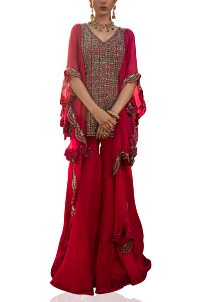 Fuchsia embellished kurta sharara set
