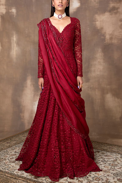 Crimson red embroidered anarkali set