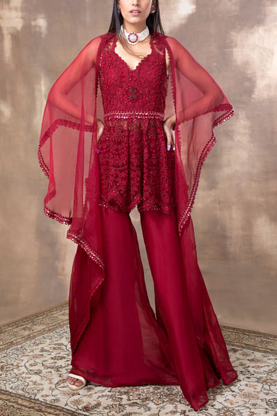 Crimson red embroidered peplum set