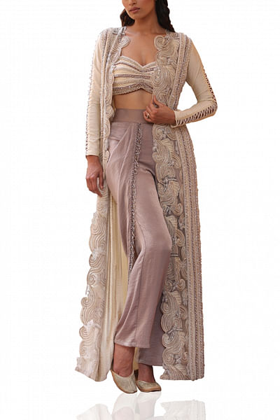 Embroidered jacket with bustier and dhoti pants
