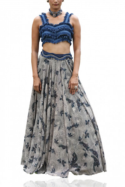Denim crop-top with printed skirt