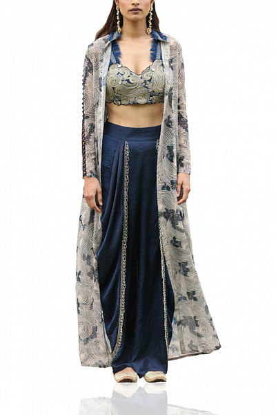 Embroidered blouse with dhoti pants and jacket