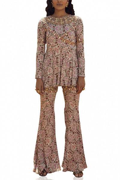 Grey printed angrakha peplum set