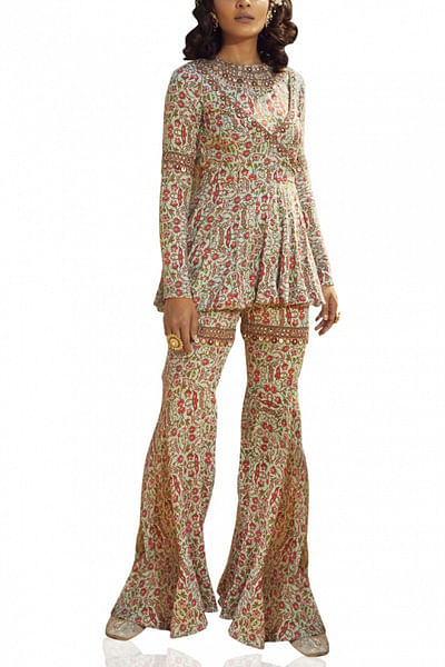 Aqua printed angrakha peplum set