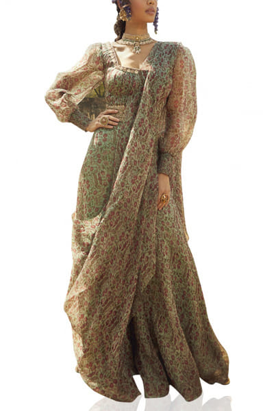 Aqua printed sharara sari set