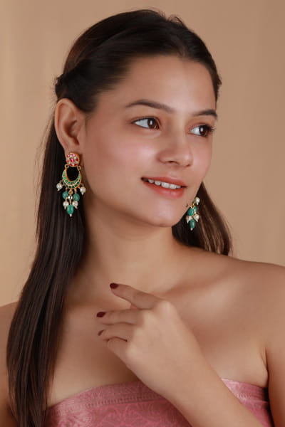 Riana Jewellery Green and pink jadtar stone chandbali earrings RIAAPR25D124370