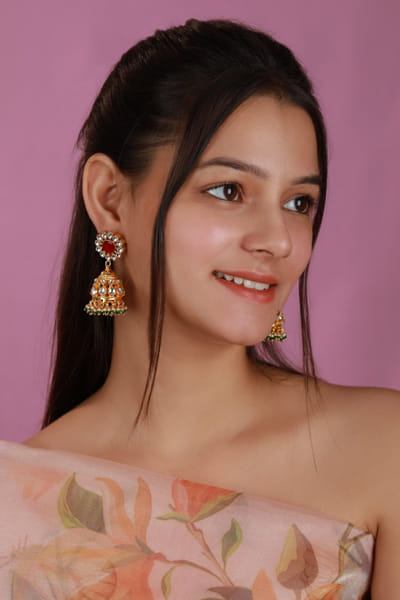 Riana Jewellery Pink floral jadtar stone jhumka earrings RIAAPR25D124379