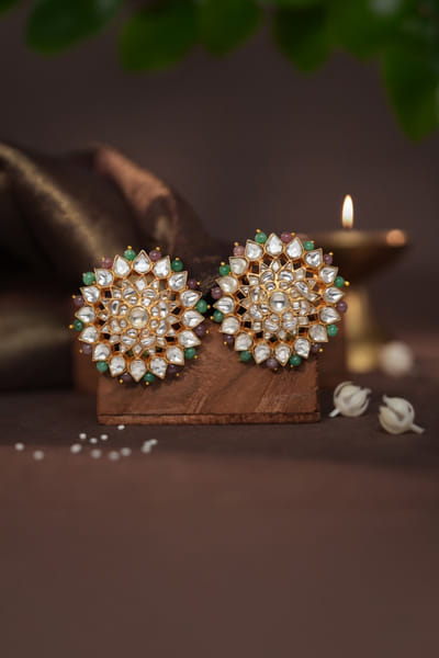 Riana Jewellery Pink and green foral beaded stud earrings RIANAPR26D243472