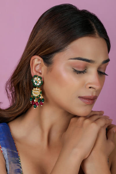Riana Jewellery Purple and green gold plated jadau earrings RIANAPR26D143352