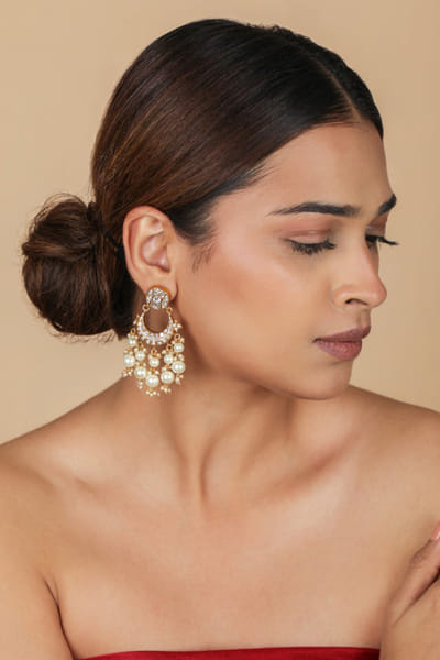 Riana Jewellery White gold plated pearl chandbaali earrings RIANAPR26D143353