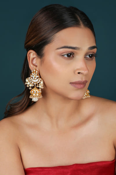 Riana Jewellery White gold plated jadau jhumki earrings RIANAPR26D243467