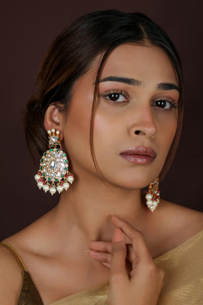 Riana Jewellery Green pearl embellished jadau earrings RIANAPR26D243469